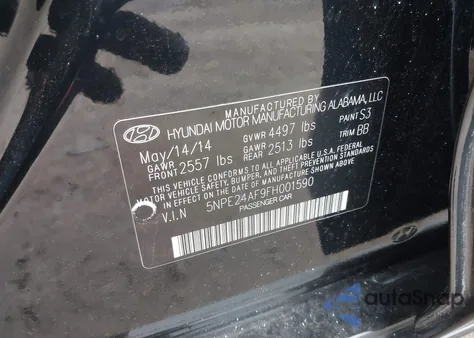 2015 Hyundai Sonata Se from USA, damaged, VIN 5NPE24AF9FH001590